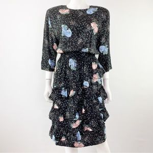 Vintage Choon California Size M Black Floral Tiered Blouson Dress